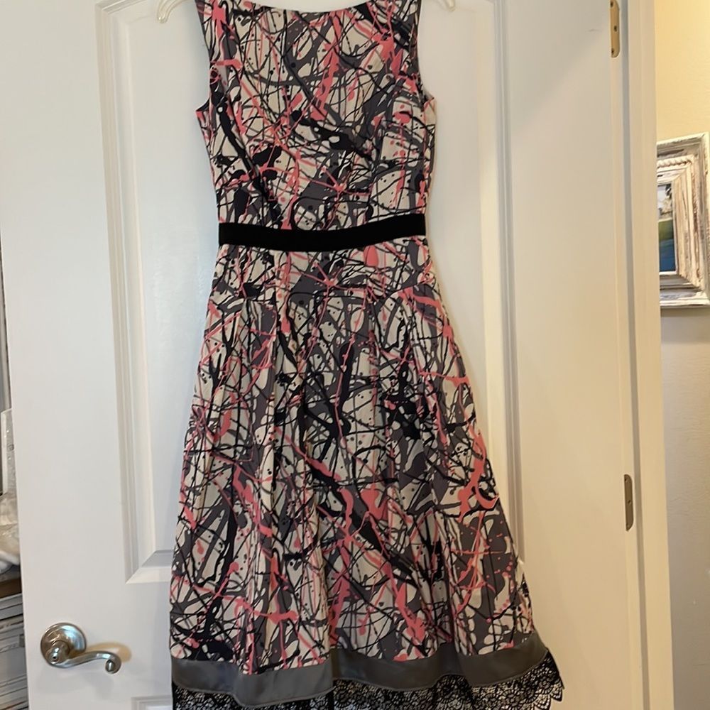 Milly Paint Splatter Pink Black Lace Trim Midi Dress … Gem